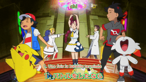 a group of cartoon characters are standing in front of a sign that says " une fois la bataille terminee "