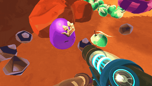 a person is holding a gun in a video game with a purple egg and green apples
