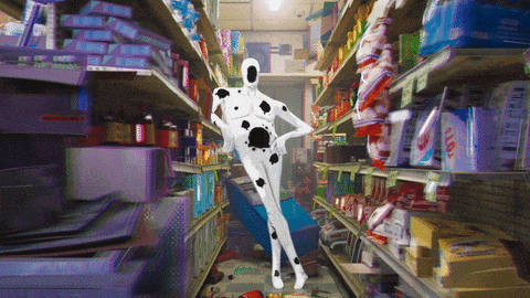 a painting of a person in a grocery store aisle with a sign that says ' no smoking ' on it