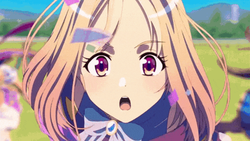 a close up of a anime girl with pink eyes