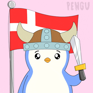 a penguin wearing a viking helmet holds a sword and a flag