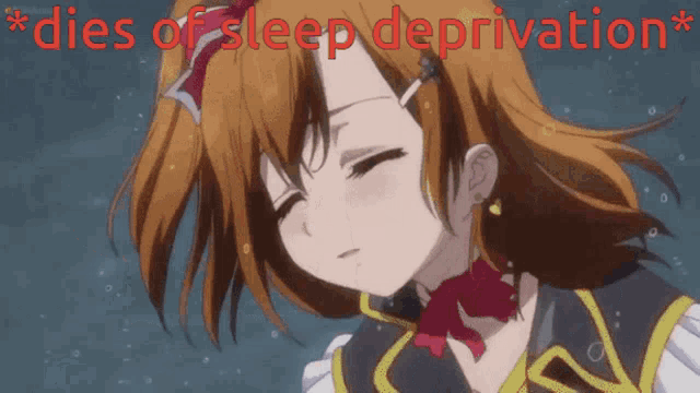 a picture of a girl with the words " dies of sleep deprivation " below her