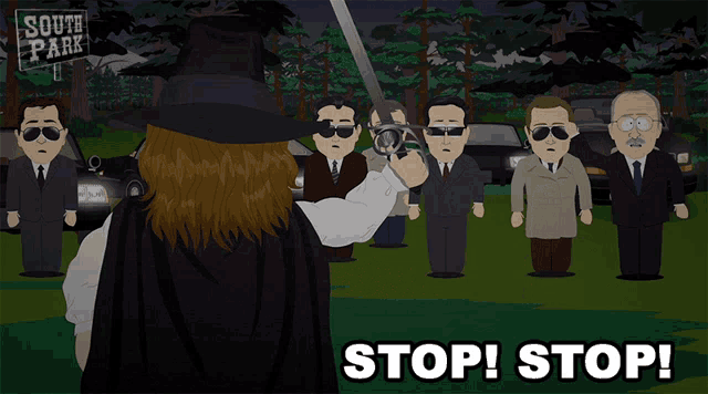 a south park cartoon shows a man holding a sword in front of a group of people