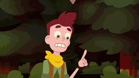 a cartoon boy is standing in the woods with his arm outstretched and smiling .