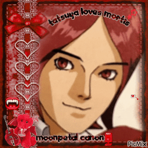 a picture of a man with red hair and the words " tatsuya loves mortis "