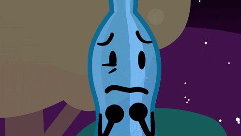 a blue bottle with a sad face and ears