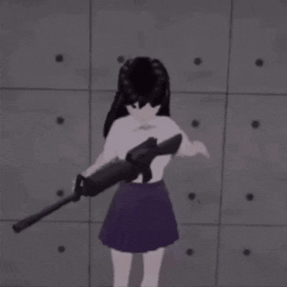 a girl in a purple skirt is holding a gun in a room .