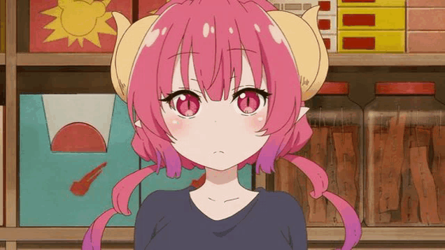 a girl with pink hair and horns is standing in front of a shelf filled with jars .