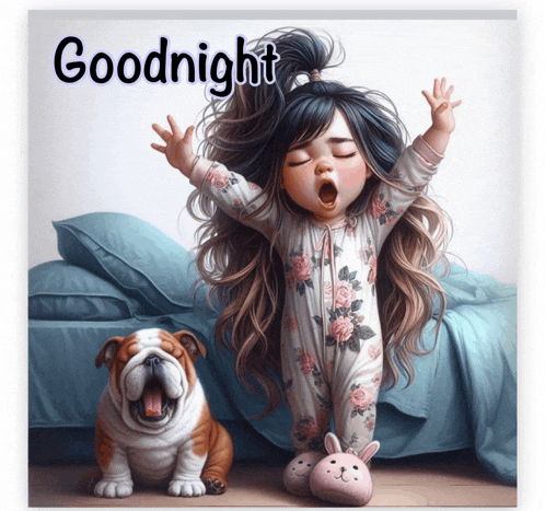 a cartoon girl yawning next to a bulldog with the words goodnight written above her