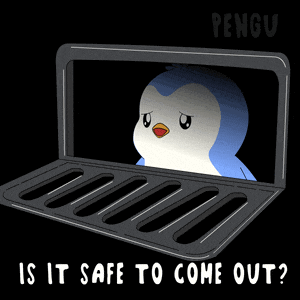 a penguin is looking out of a laptop screen with the words is it safe to come out written below it