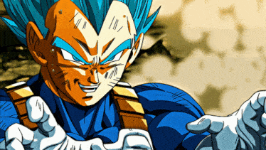 a close up of a cartoon character with blue hair and white gloves