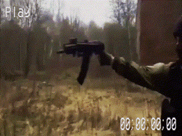 a person is holding a gun in a field with a blurred background and a few trees in the background .