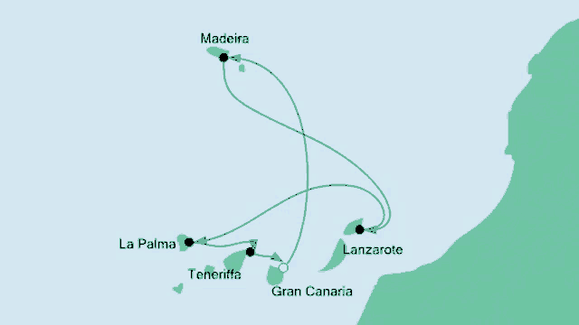a map showing a route to madeira la palma and tenerife