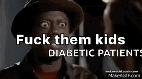 a man in a hat is talking to another man and says fuck them kids diabetic patients