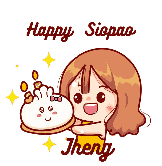 a cartoon girl holding a cake with the words happy siopao written above her