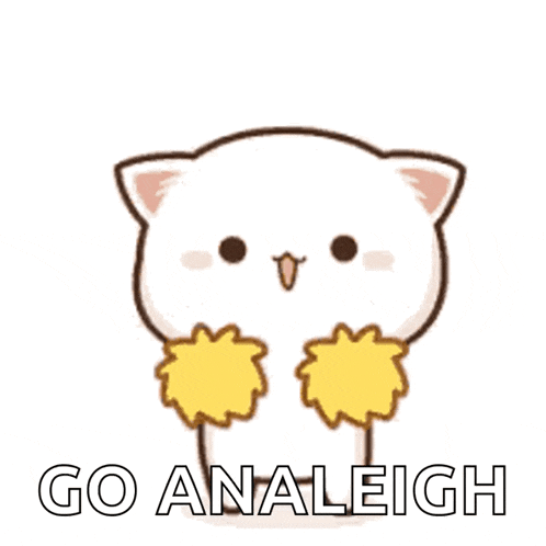 a cartoon of a cat with yellow pom poms on its face and the words go analeigh below it