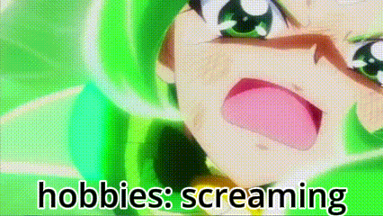 a close up of a green anime character with the words hobbies screaming .