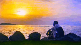 a man is sitting on a rock by the ocean watching the sun set .