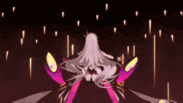a girl with long white hair is surrounded by lots of stars