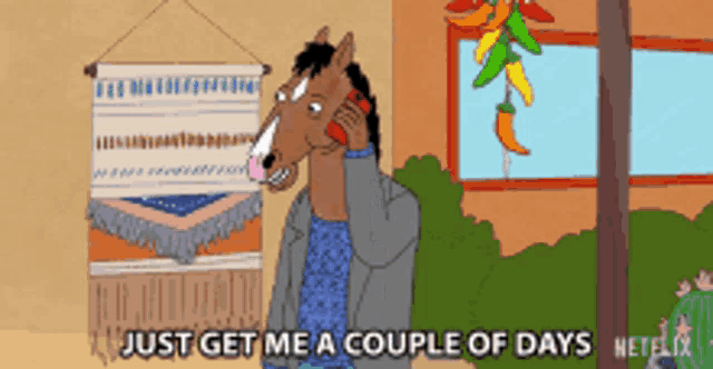 a cartoon of a horse talking on a cell phone with the caption just get me a couple of days netflix