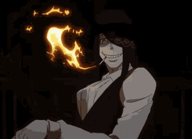 a man with a cigarette in his mouth holds a fireball in his hand