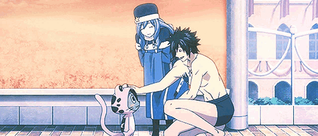 a man and a woman are petting a cat in a cartoon .
