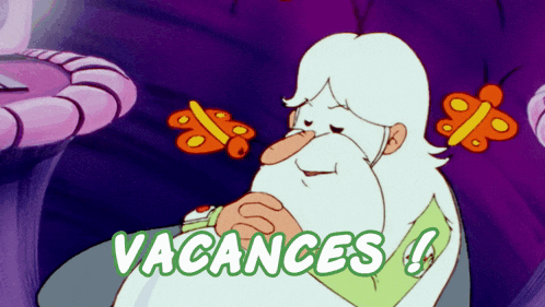 a cartoon of a man with a beard and the words " vacances " below him