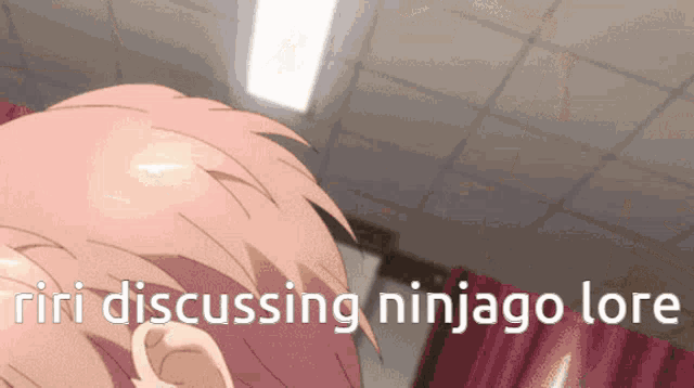 a close up of a person 's head with the words ' iri discussing ninjago lore ' written below it