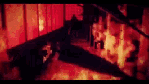 a painting of a room on fire with a shadow of a person in the foreground