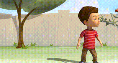 a cartoon boy in a red and white striped shirt is walking in a yard with a tree in the background .