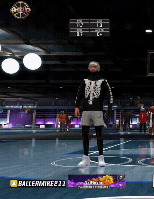 a man in a skeleton sweater is on a basketball court in a video game