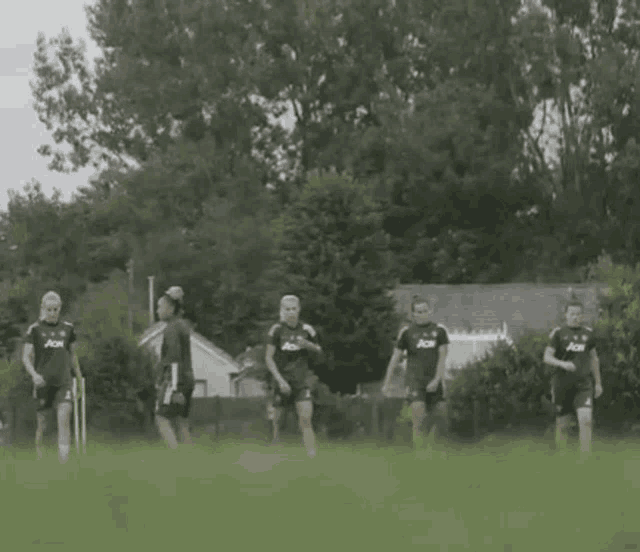 a group of soccer players are standing on a field wearing ace jerseys .