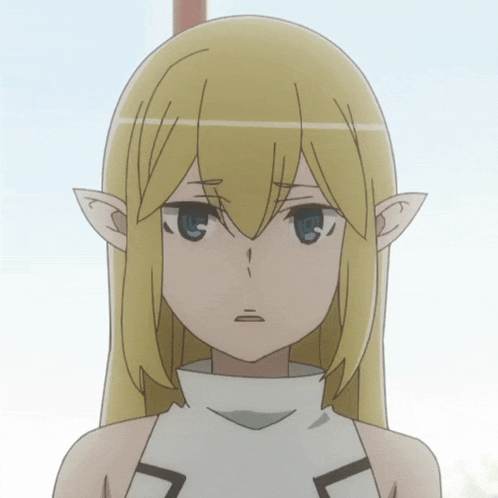 a girl with blonde hair and elf ears looks sad