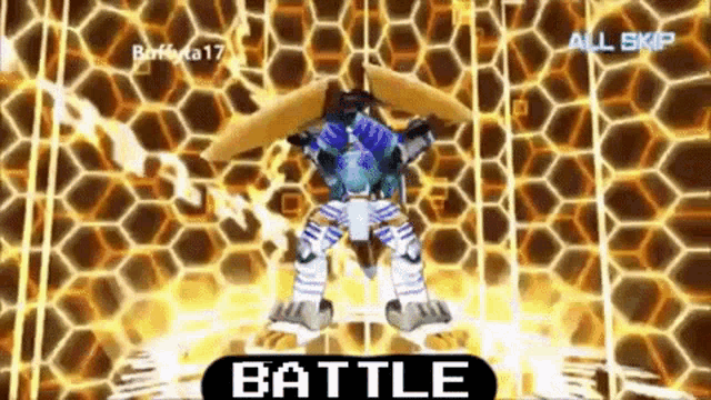 a video game screen with a robot and the words battle