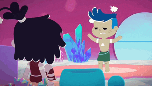 a boy with blue hair is standing next to a girl in a cartoon