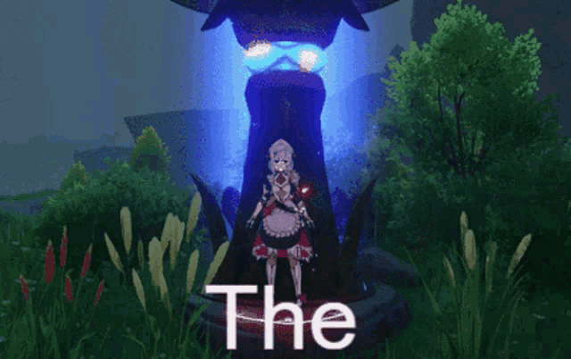 a girl in a maid outfit is standing in front of a pillar and the word the is on the bottom of the image .