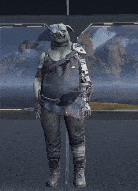 a pig with a robot arm is standing in front of a mountain