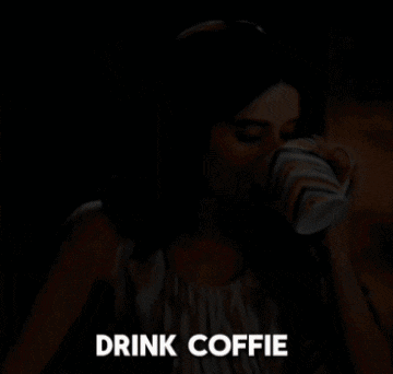 a woman is drinking a cup of coffee with the words drink coffe written below her
