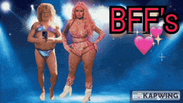 a man in a bikini and a woman in a pink bodysuit are standing next to each other with the words bffs above them
