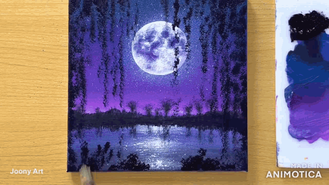 a painting of a full moon over a body of water