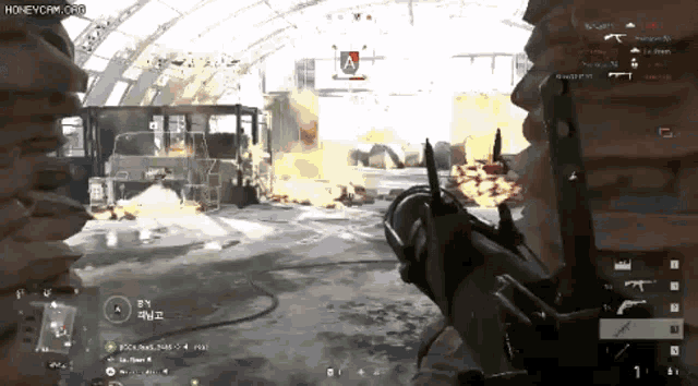a person is playing a video game with a rocket launcher in their hands