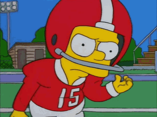 bart simpson is wearing a red helmet and number 15 jersey