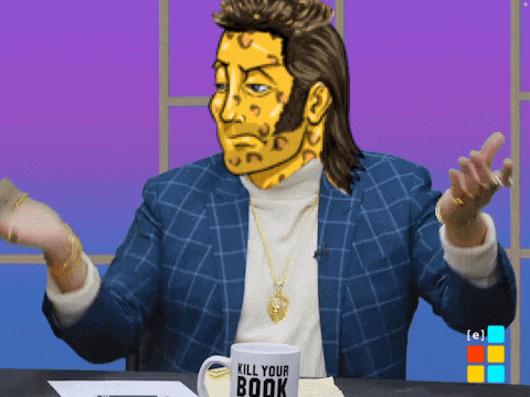 a man sitting at a table with a mug that says " kill your book "