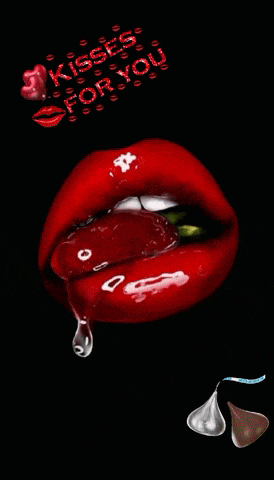 a picture of a woman 's red lips with the words kisses for you written above it