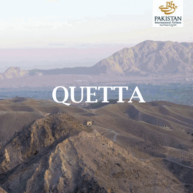 an advertisement for pakistan international airlines shows a desert landscape with mountains in the background
