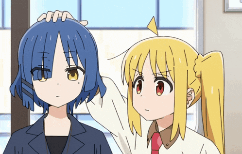a blue haired girl is being touched by a yellow girl