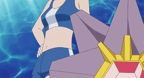 a woman in a crop top is standing next to a purple robot .