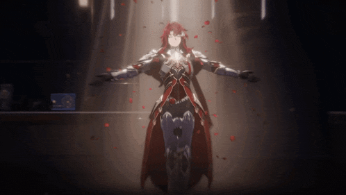 a woman with red hair is standing in a dark room surrounded by red petals