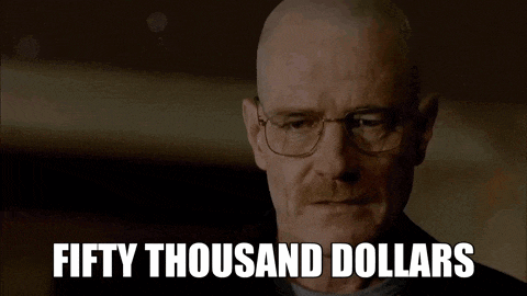 a bald man wearing glasses is talking about fifty thousand dollars