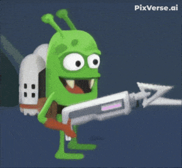 a green cartoon character is holding a gun and a rocket in the background